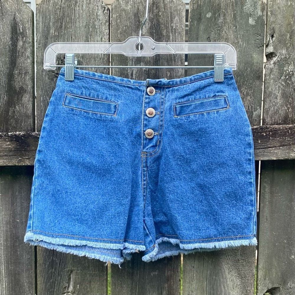 Vintage Plugg High Waisted Denim Shorts Blue Button Fly Frayed Hem Womens 90s